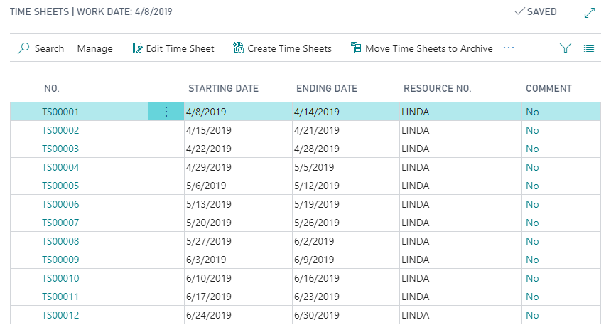 Screenshot of the Time Sheets page in Business Central.