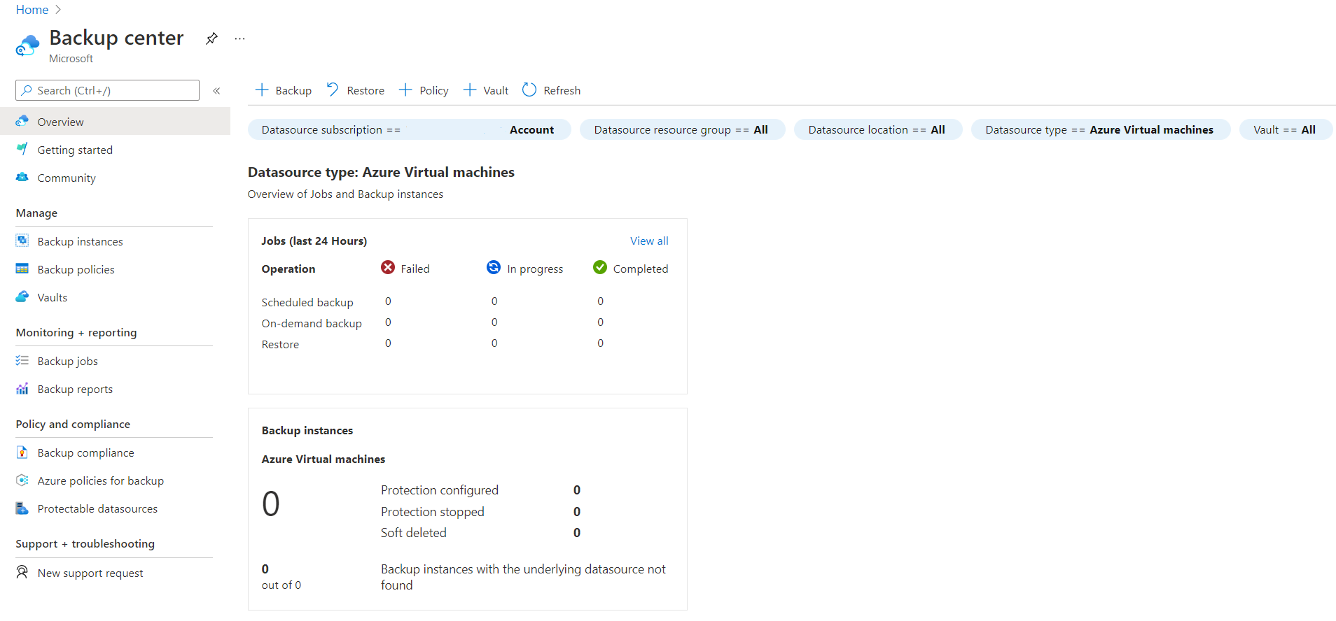 Screenshot of the Backup center user interface in the Azure portal displaying backup information for Azure Virtual machines related to jobs and backup instances.