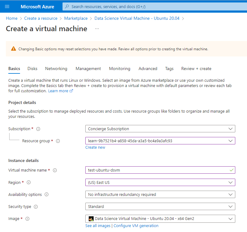 Screenshot showing the details filled out for VM configuration.