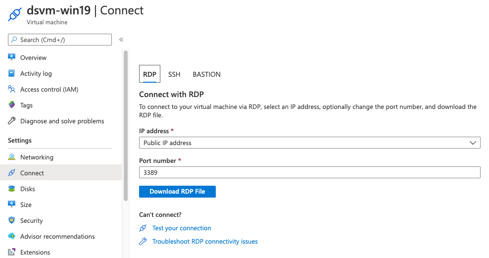 Screenshot of the portal showing the RDP file download page.