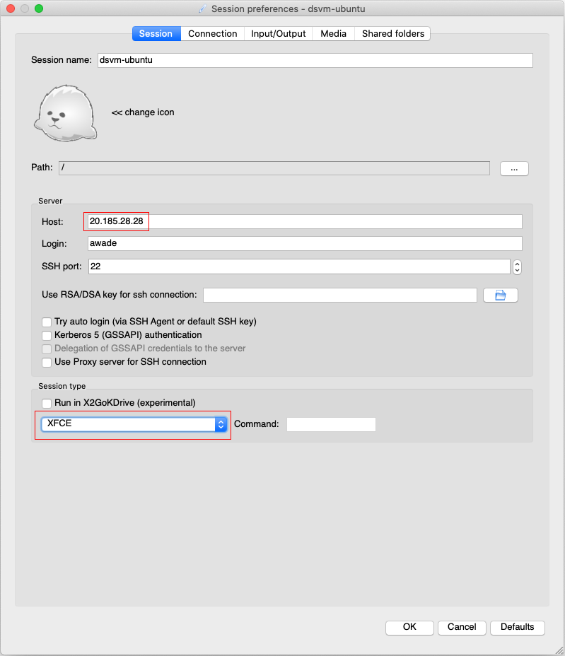 Screenshot of the X2Go configuration window.