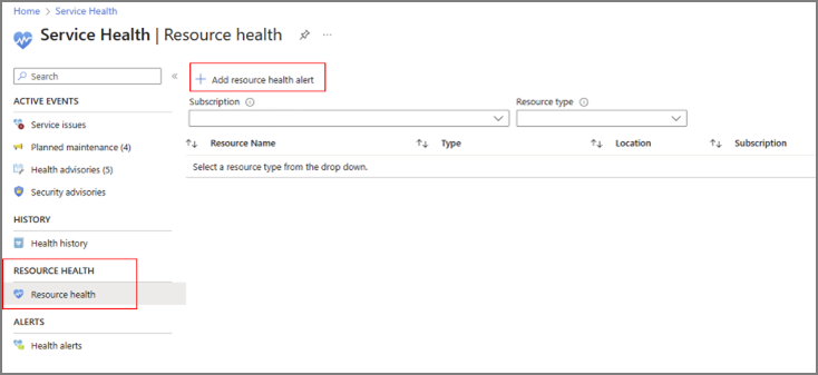 Screenshot of the Azure Service Health resource health.