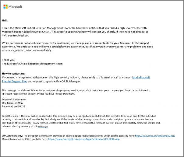 Screenshot of an initial communications email for a Severity A case.