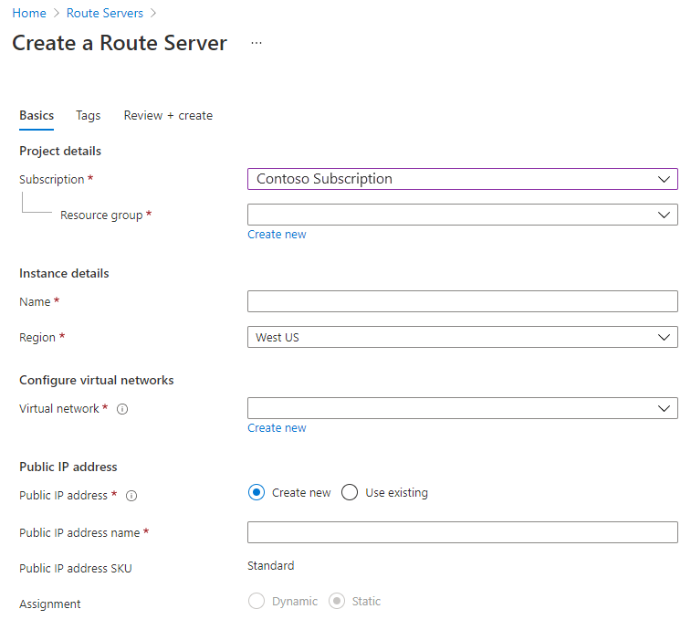 Screenshot of the create a route server page with the Basics tab selected.