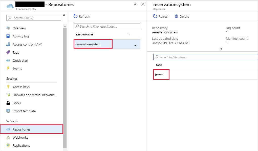 Screenshot showing the repository and tagged reservation system container image in the registry.