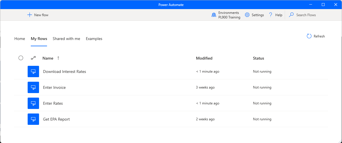 Screenshot of Power Automate for Desktop interface showing existing flows.