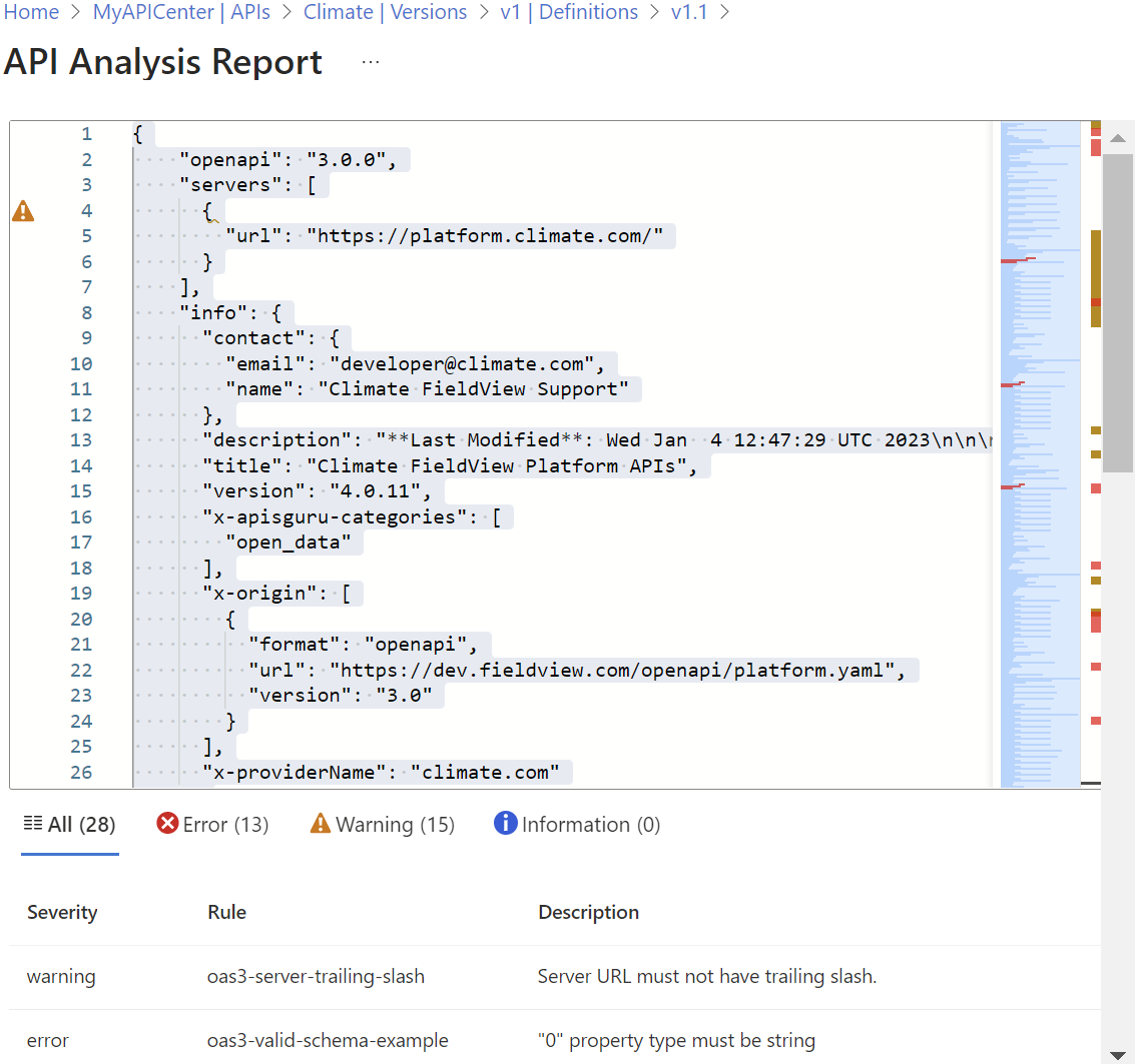 Screenshot showing the API analysis compliance report in the Azure portal.