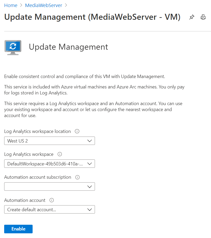 Screenshot of update management page with log analytics location and workspace, automation account subscription, and automation account fields.