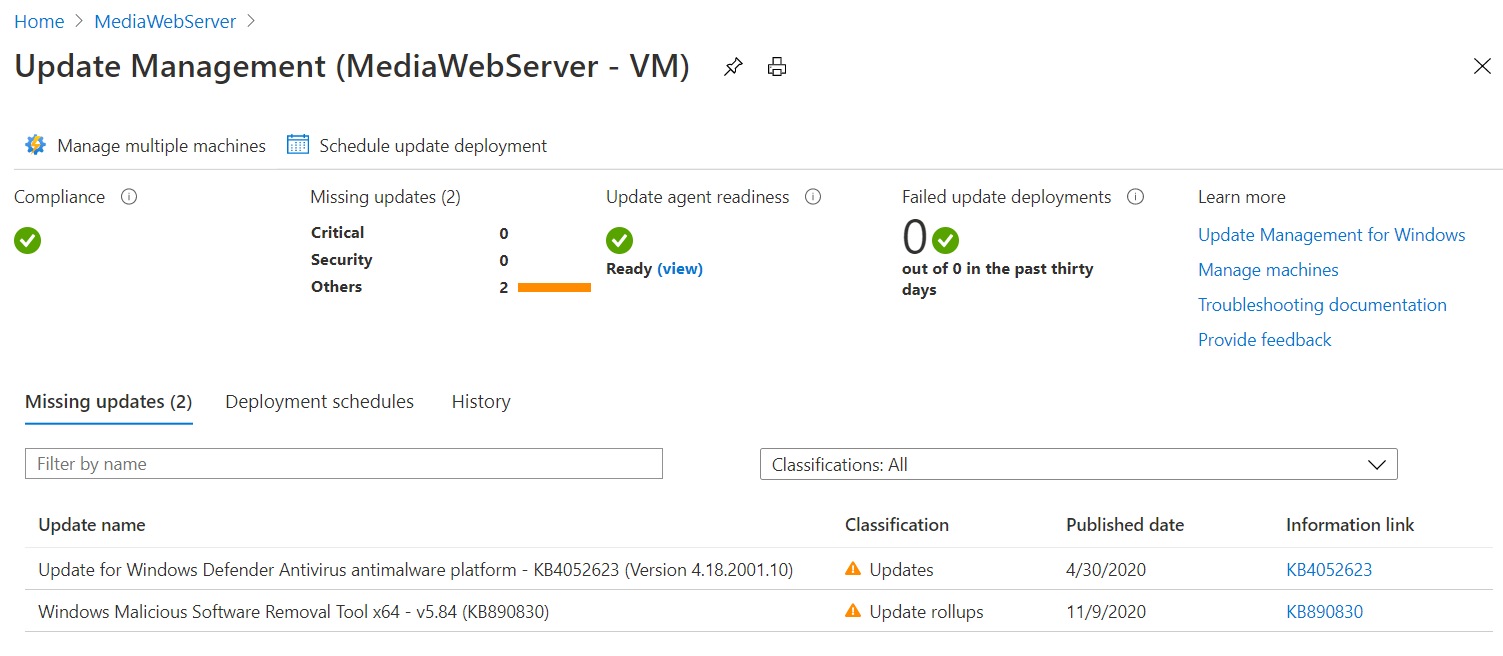 Screenshot that shows a green check under Compliance and Update agent readiness fields.