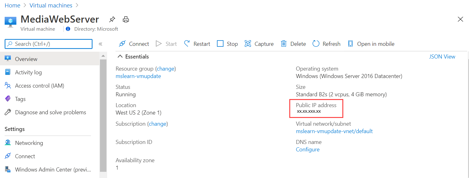 Screenshot that highlights the public IP address that's on the VMs overview page.