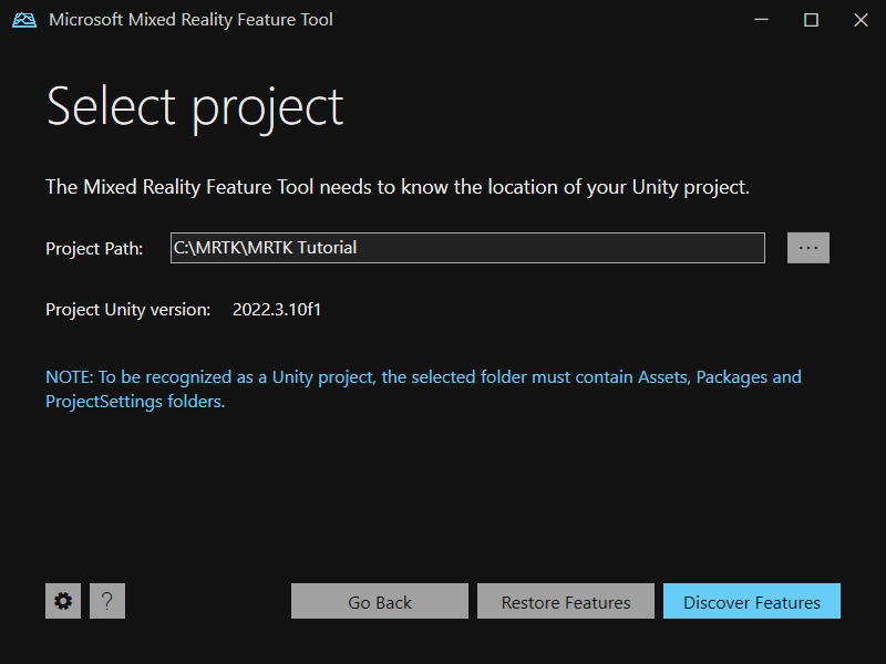 Screenshot of the Mixed Reality feature Tool Project Path screen.