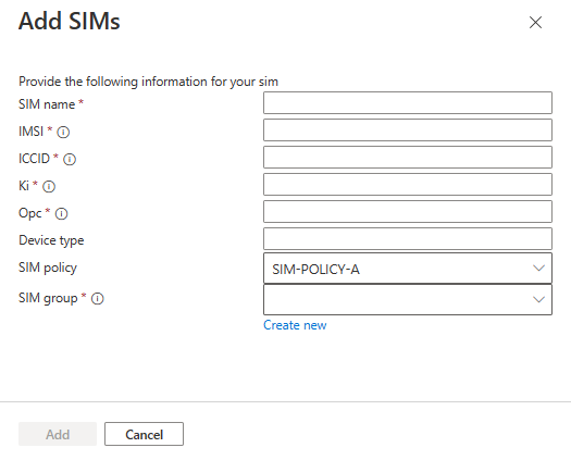 A screenshot that shows the 'Add SIMs' dialogue box with the fields for SIM values.