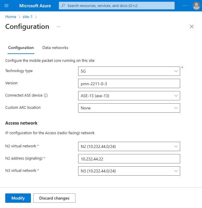 A screenshot that shows an example packet core configuration screen.