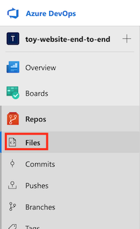 Screenshot of Azure DevOps that shows the Repos menu, with Files highlighted.