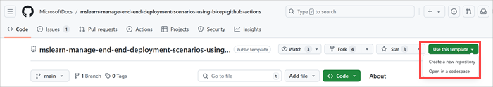 Screenshot of the GitHub interface showing the template repo, with the 'Use this template' button highlighted.