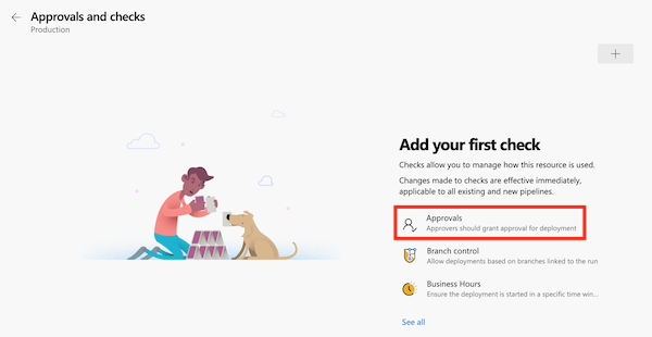 Screenshot of the Azure DevOps interface that shows the page for adding a check and the Approvals item.