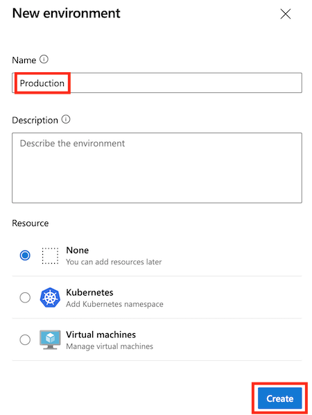 Screenshot of the Azure DevOps page for a new environment named Production, with completed details.