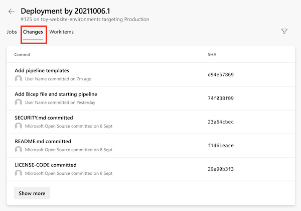 Screenshot of Azure Pipelines that shows the production environment's deployment details, with a list of commits.