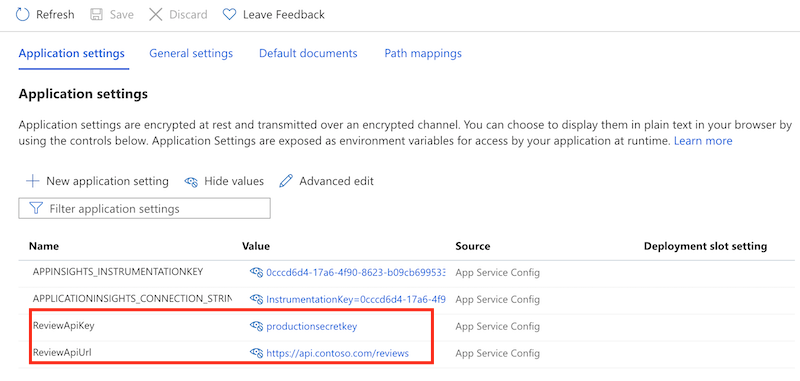 Screenshot of the Azure portal that shows the App Service app settings and the configuration settings.