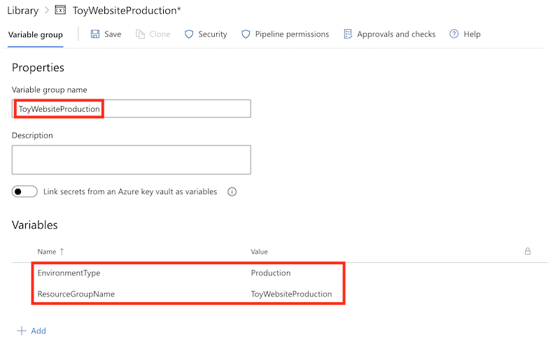 Screenshot of the production variable group and variables.