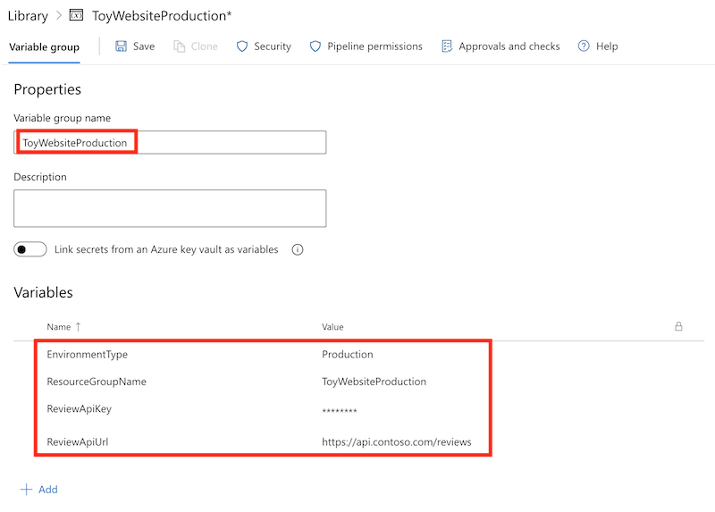 Screenshot of the production variable group with updated variables.