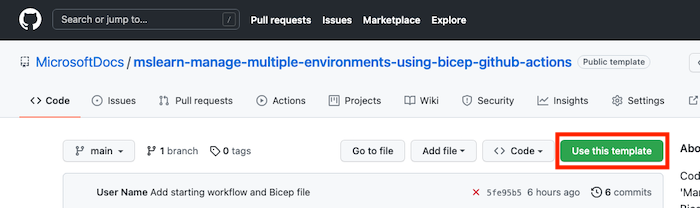 Screenshot of the GitHub interface showing the template repo, with the 'Use this template' button highlighted.