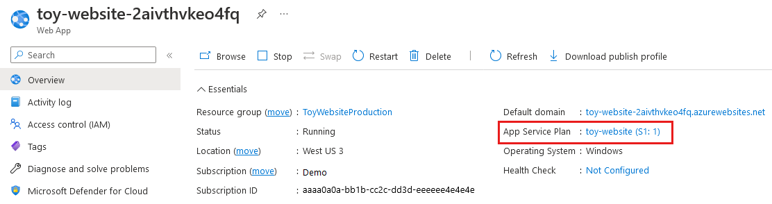 Screenshot of the Azure portal that shows the App Services toy website production app and the App Service plan SKU details.