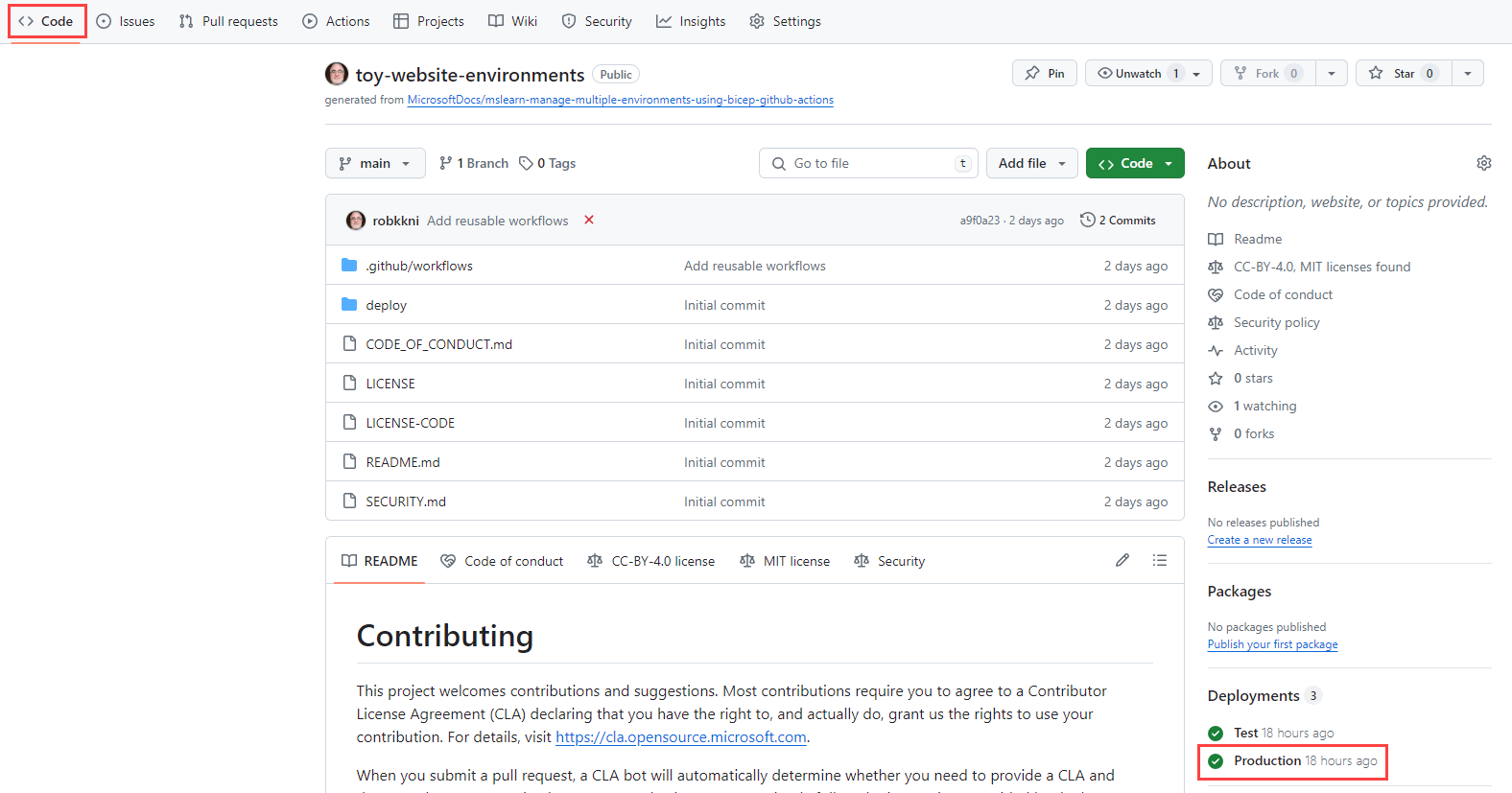 Screenshot of GitHub that shows the Code page environment, with the production environment highlighted.