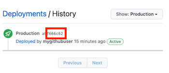 Screenshot of GitHub that shows the production environment, with the deployment history showing a single deployment.