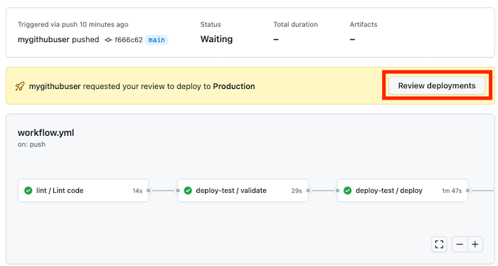 Screenshot of GitHub that shows the workflow run paused for approval.