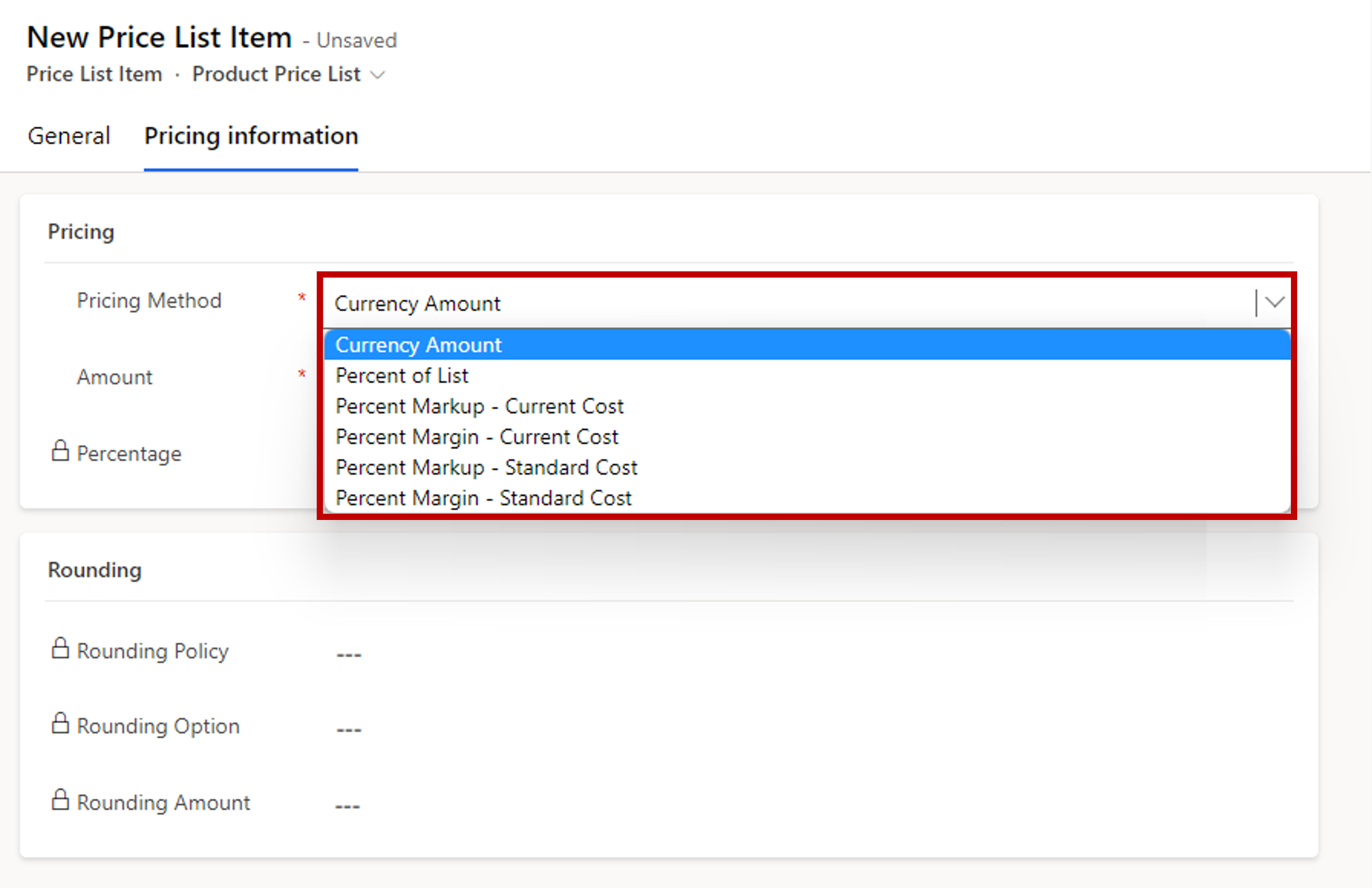 New Price List Item page on the Pricing information tab with the Pricing Method dropdown highlighted and Currency Amount selected.