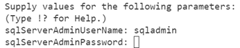 A screenshot showing the Azure PowerShell command line prompting you to enter an SQL server administrator password.