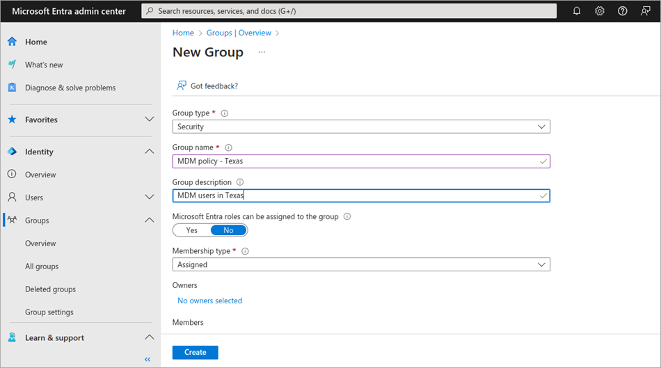 Screenshot of the Create Group feature in the Azure portal.