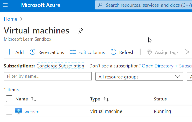 Screenshot of the Azure portal listing of virtual machines displaying webvm.