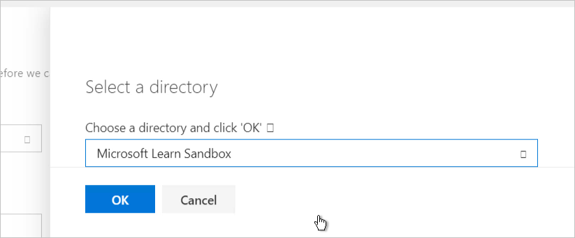 Screenshot of the screen where you select a directory with Microsoft Learn Sandbox selected.