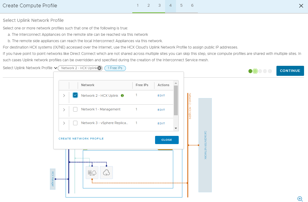 Screenshot that shows the selection of an uplink network profile and the Continue button in the on-premises HCX Connector.