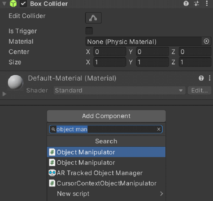 Screenshot of adding the Object Manipulator script.