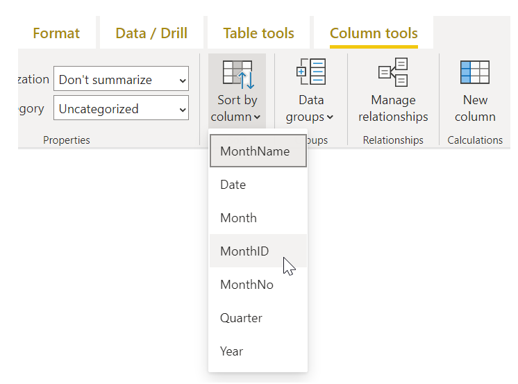 Screenshot of the Sort by Column field.