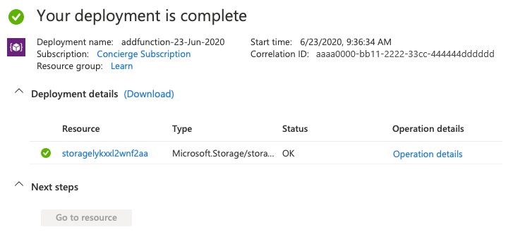 Screenshot of the Azure portal that shows that the storage account deployed.