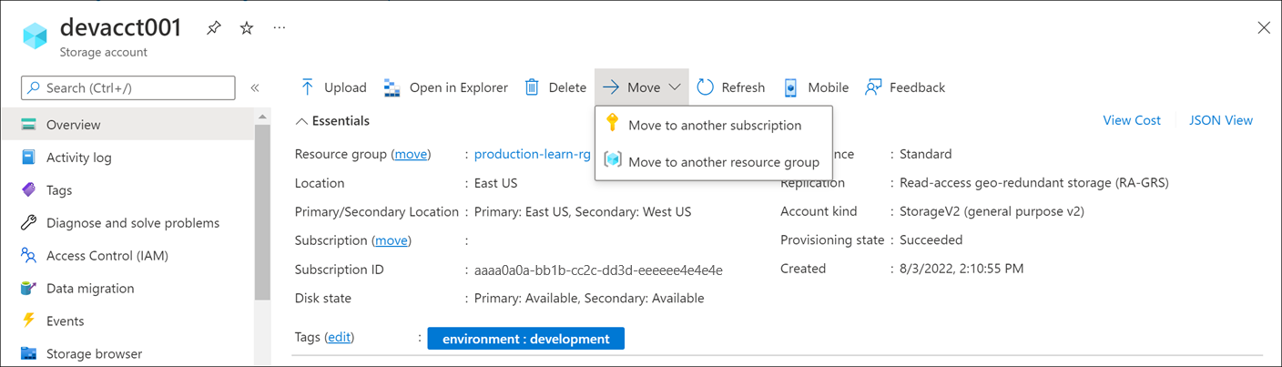 Screenshot that shows the move resource to another resource group option.