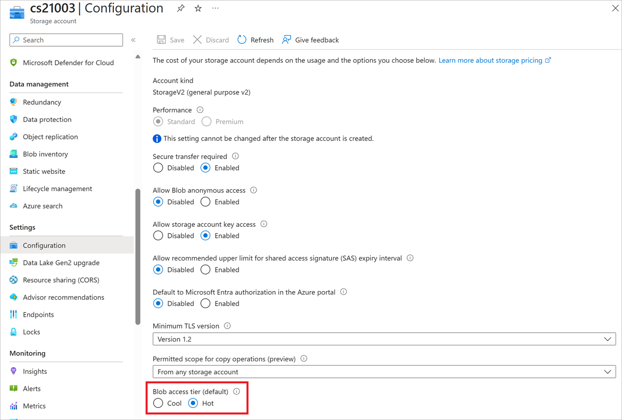 Screenshot of Azure portal showing storage account configuration with access tier set highlighted as set to hot.