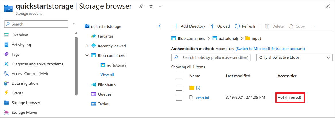 Screenshot of blob containers with a test container selected, showing a highlighted access tier of hot.