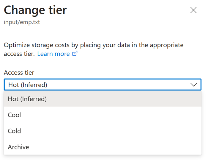 Screenshot of blob access tier drop-down showing options of hot, cool, cold, and archive.