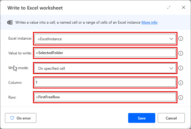 Screenshot of the Write to Excel worksheet action writing the folder's path.