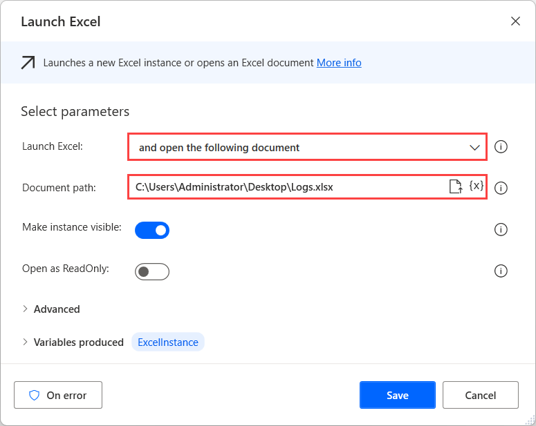 Screenshot of the Launch Excel action dialog.