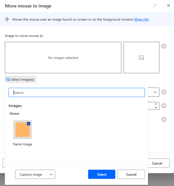 Screenshot of the action properties control repository pop out with the paste icon selected.