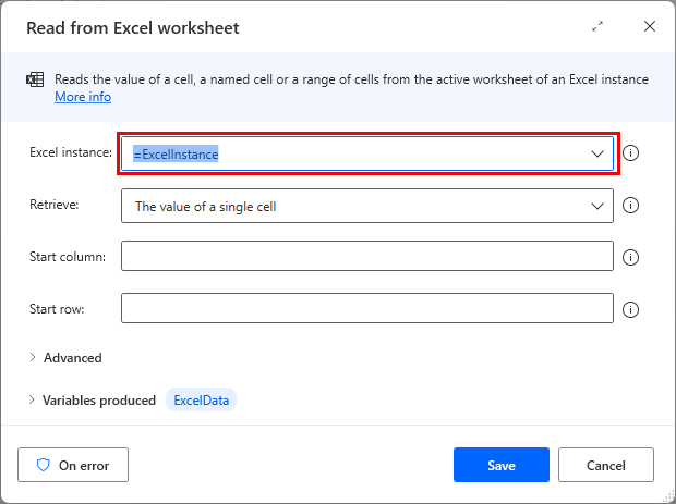 Screenshot of the Read from Excel worksheet action properties dialog.