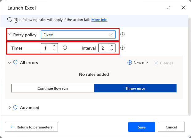 Screenshot of the Launch Excel action properties exception handling retry action.