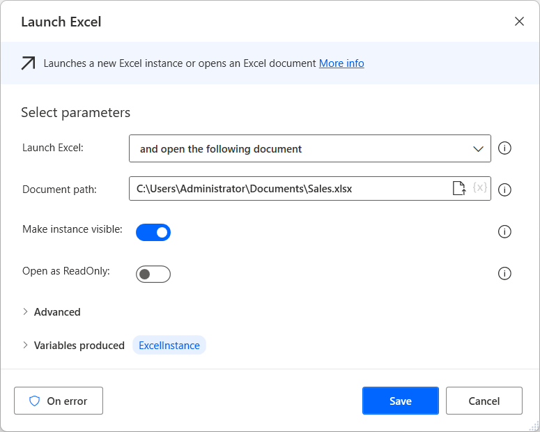 Screenshot of the Launch Excel action properties dialog.