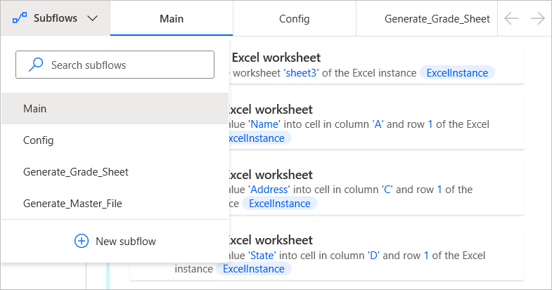 Screenshot of the Subflows pane with the empty subflow added.